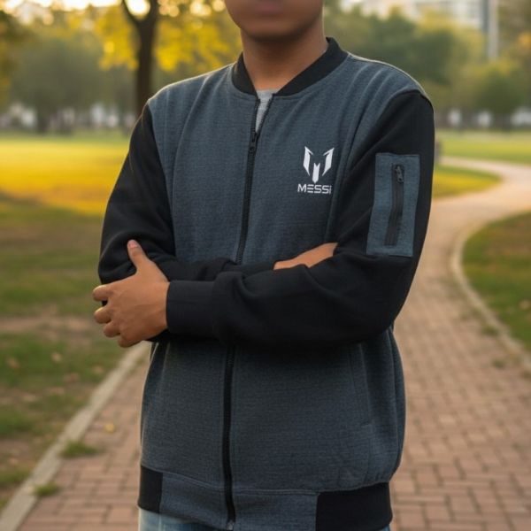 New Winter Collection – Charcoal Grey Messi Printed Zipper Jacket for Men & Boys | Premium French Fleece